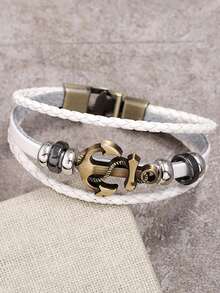 1pc Personalized Leather Woven Anchor Bracelet For Men - White - View 2
