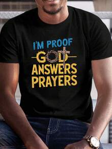 [1 camiseta cristiana con estampado gráfico de fe] 1 camiseta de verano para hombres informal-Camiseta de cuello redondo con estampado gráfico geométrico "I'M a prueba de oro respuestas oraciones", manga corta, camiseta Regular para uso diario - Negro - Ver 1