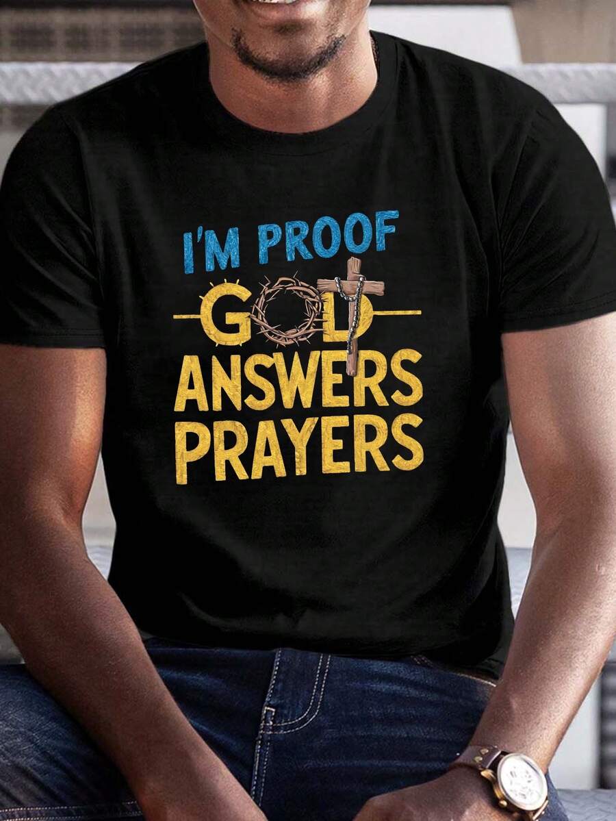 [1 camiseta cristiana con estampado gráfico de fe] 1 camiseta de verano para hombres informal-Camiseta de cuello redondo con estampado gráfico geométrico "I'M a prueba de oro respuestas oraciones", manga corta, camiseta Regular para uso diario - Negro - Ver 1