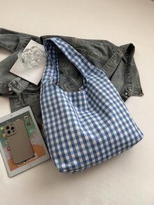 女士时尚大容量背包，彩色格子托特包2025新款，休闲百搭轻便通勤大包，女士购物托特包，沙滩旅行包 - 藍色 - 查看 6