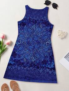 时尚印花连衣裙，适合休闲、度假、居家、工作、婚礼、派对、海滩、睡衣等场合。轻盈、优雅、百搭，修身剪裁，专为女性设计。 - 湖藍色 - 查看 4