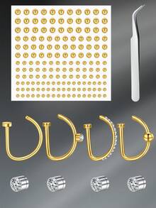 CIZME 8 件/套休闲不锈钢双假鼻环圈金色假鼻环假鼻穿孔仿鼻中隔非穿孔鼻环，金色仿钻石贴纸，男女通用，音乐节酷朋克 Y2K 化妆贴脸部贴纸 - 金色 - 查看 12