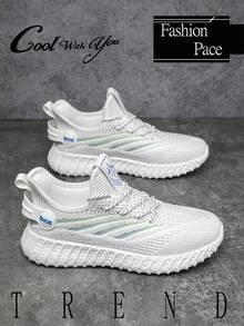 男士时尚撞色条纹网眼低帮系带休闲运动鞋，户外舒适软底轻便步行增高情侣跑步鞋