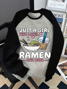 Sudadera holgada de manga larga con estampado de eslogan y fideos para adolescentes, adecuada para la escuela, vacaciones, compras, deportes y otras ocasiones, otoño/invierno - Gris - Ver 1