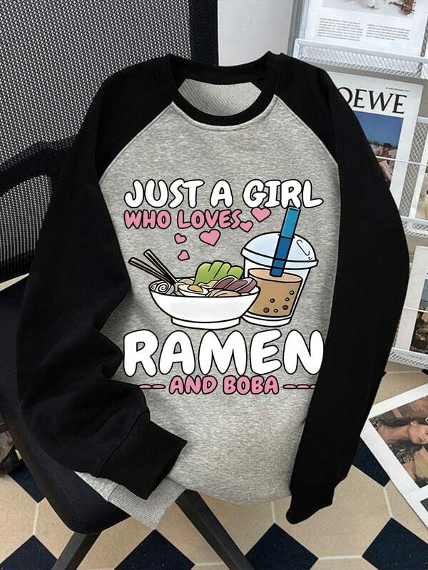 Teen Girl Slogan & Noodle Print Raglan Long Sleeve Loose Casual Sweatshirt, Suitable For School, Vacation, Shopping, Sports And Other Occasions, Autumn/Winter
