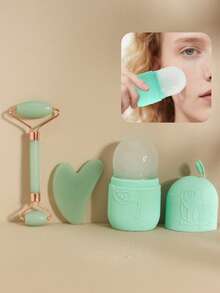 1pc/2pcs/3pcs Facial Beauty Massage Set, ABS Resin Material Double Head Roller Massage, Triangle Scraping Board, Soft Silicone Ice Mold, Body Gua Sha Massage Tools Set, Green