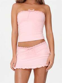 Women Summer Outfits Lace Trim Bow Crop Bandeau And Mini Ruffled Skirt Set For Streetwear Aesthetic Clothes - Hồng - Xem 1