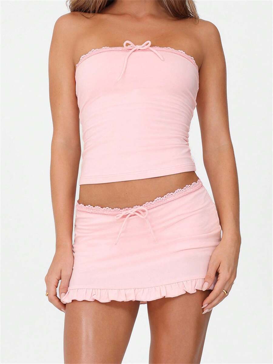 Women Summer Outfits Lace Trim Bow Crop Bandeau And Mini Ruffled Skirt Set For Streetwear Aesthetic Clothes - Hồng - Xem 1