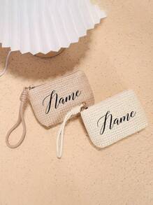 1pc Customized Women's Straw Clutch Bag, Can Customize Your Name, Bohemian Style Summer Beach Bag With Zipper, Wrist Strap Wallet, Fits Phone, Coins & Keys - Lightweight, Washable, Polyester Lining - Khaki/Beige, Beach Accessory | Bohemian Style | Straw Material, Beach Bag - Multicolor - View 2