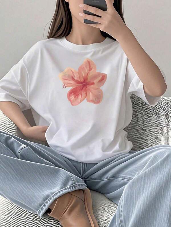少女休闲白色圆领短袖印花T恤，夏季上衣