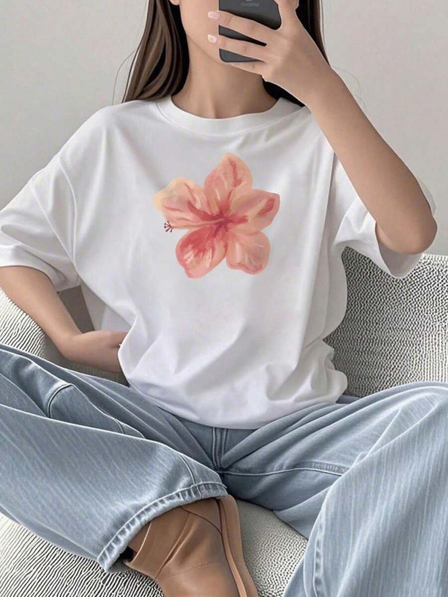 少女休闲白色圆领短袖印花T恤，夏季上衣 - 白色 - 查看 1