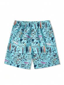 5-Inch Men's Summer Quick Dry Cartoon Beach Shorts, Casual Loose Comfortable Vacation Travel Shorts - Baby Blue - View 2