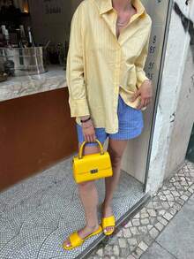 DEEKA 新款夏季女装时尚网红风格休闲黄色条纹宽松衬衫 - 黃色 - 查看 4