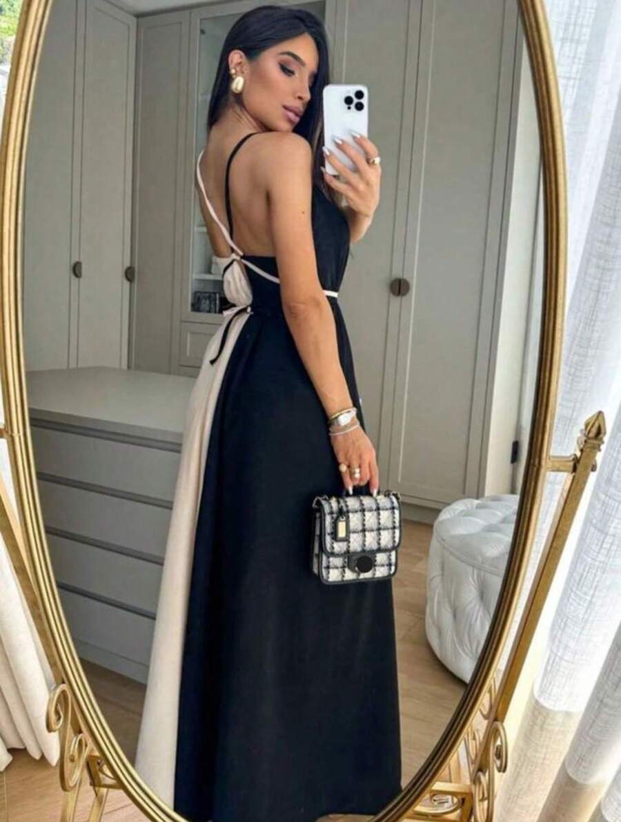 Women's Long Biocolor Dress Comfortable Gender Reveal Party - 黑色/米色 - 查看 1