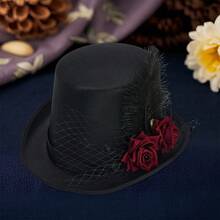 Top Hats For Adults Deluxe Tuxedo Hat Costume Magician Hat With Red Roses For Men And Women - màu đen - Xem 3