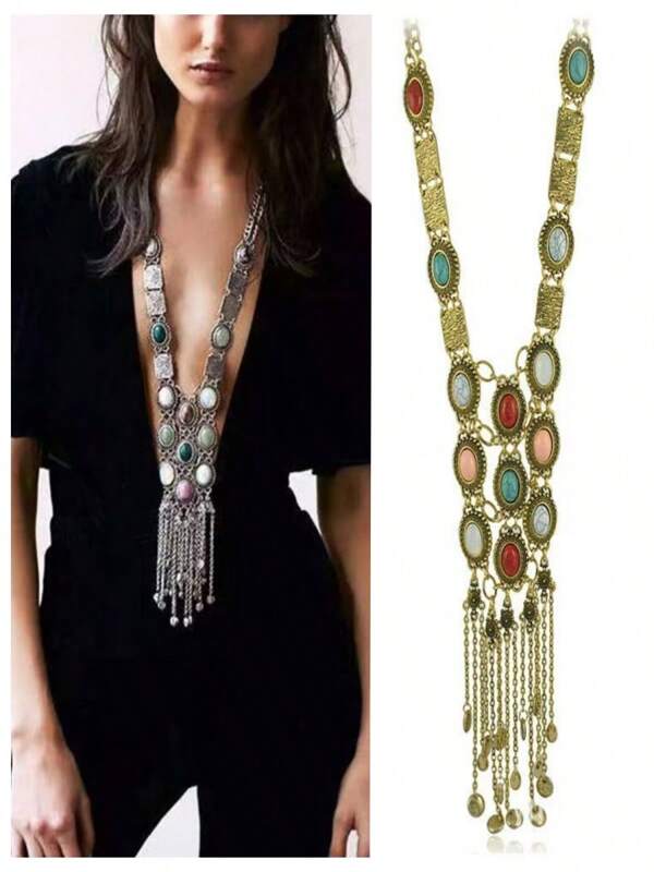 1 pieza Collar bohemio de estilo retro con colgante de flecos largos y turquesa verde, diseño elegante de joyería para mujeres, apto para regalos, fiestas, uso diario, bodas