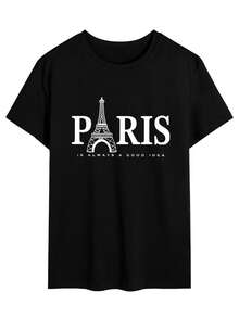 男士休闲埃菲尔铁塔和字母印花圆领短袖 T 恤，夏季 - 黑色 - 查看 3