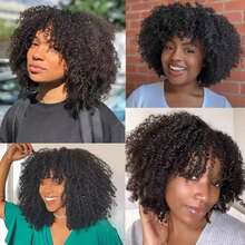 Brazilian Afro Kinky Curly Human Hair Wig With Bangs 180% Density Natural Black Color Glueless Short Afro Curly Human Hair Machine Made Wig For Women Daily Use - Natural Black - View 8
