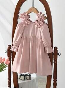 Abito a maniche lunghe con fiori 3D per ragazze giovani, di colore tinta unita, elegante, per la moda primavera, per bambine dai 3 ai 7 anni