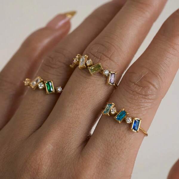 18K PVD Gold Plated Stainless Steel Vintage Hawaiian Square Green Zirconia Ring Set, Fashion Ins Summer New Arrival