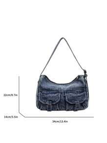 New Casual Chic Soft Jeans Shoulder Bag With Flap Pocket Design, Versatile Commuting Adjustable Shoulder Strap Crossbody Bag, Casual Student Bag, Suitable For Work Commuting, Shopping, Traveling And School.