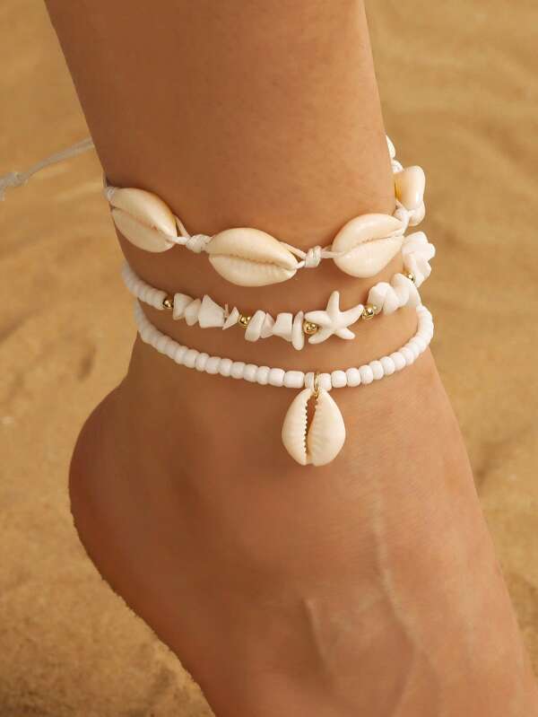3pcs/Set Ocean Themed Beaded Anklet With Glass Beads, Crushed Stone, Resin Starfish, And Natural Seashell Elements. Suitable For Women's Daily And Beach Wear