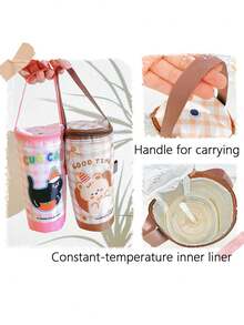 1pc Cute Big Eyes Drawstring Closure Water Bottle Bag, Shoulder Cross-Body Net Mesh Bottle Holder - Multicolor - View 5