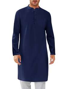 Runcati Men's Cotton Linen Henley Button Down Thobe Long Sleeve Casual Muslim Kaftan Gown - Màu xanh hải quân - Xem 4