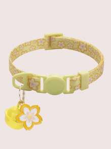 1pc Polyester Flower Print Pet Collar With Cherry Blossom Charm And Bell, Quick Release Buckle, Adjustable Size Suitable For Cats And Small Dogs, Seasonal Use