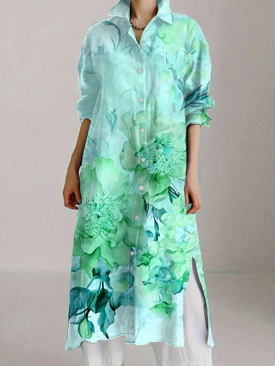 Váy sơ mi dài tay họa tiết hoa cổ điển cỡ lớn cho nữ - Nhiều màu - Xem 1