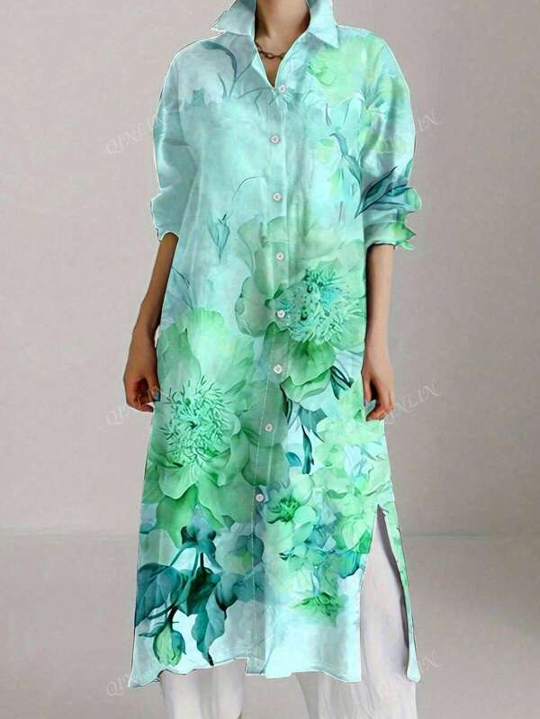 Plus Size Women Vintage Floral Print Long Sleeve Shirt Dress
