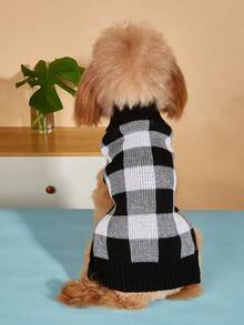 1pc Autumn/Winter Warm Versatile Lazy High Elasticity Comfortable Sleeveless Knit Woolen Colorblock Retro Plaid Pullover Pet Sweater - Black and White - View 6