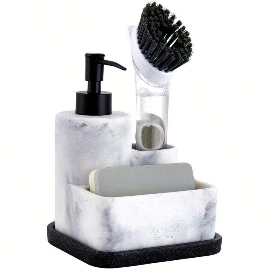 Zccz Soap Dispenser With Sponge Holder, Marble Look Liquid Hand And Dish Soap Dispenser Pump Bottle And Sponge Holder 2 In 1 For Kitchen Sink Bathroom Counter Storage And Organization - Hiệu ứng đá cẩm thạch trắng - Xem 1