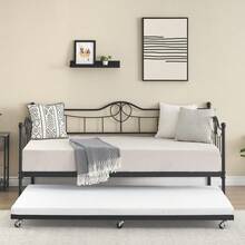 Metal Daybed With Trundle Bed, Twin Size Day Bed With Headboard And Heavy Duty Steel Slats Support, Mattress Foundation Platform Sofa Bed, For Living Room, Bedroom, Easy Assembly
