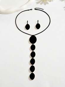 2 件套黑色现代金属几何不对称椭圆形抛光超大长吊坠项链和耳环套装，独特的珠宝套装，蛇骨链 Y 形项链，派对/正装配饰套装 - 黑色 - 查看 4