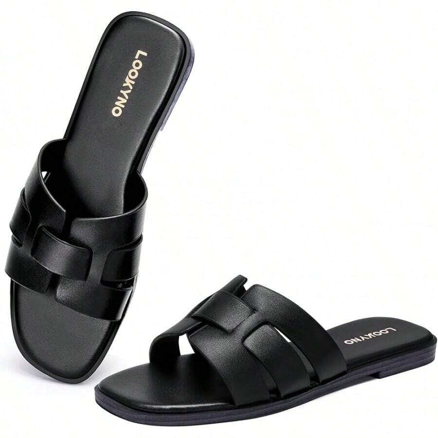 Dressy Summer Flat Sandals With Square Open Toe - Black - View 1