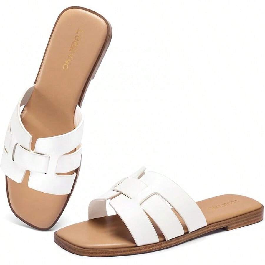 Dressy Summer Flat Sandals With Square Open Toe - White - View 1