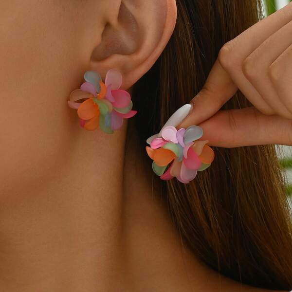 1 par de pendientes con colgante de flor y forma de corazón de estilo bohemio - Pétalos de acrílico coloridos, perfectos para uso casual