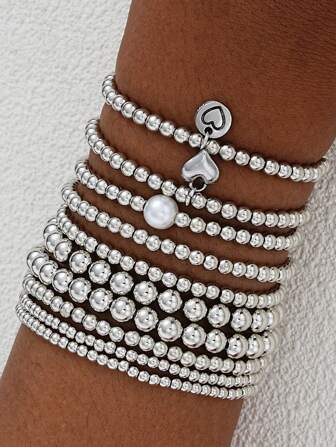 17KM 7件套简约CCB圆形仿珍珠仿贝壳串珠手链套装，适合约会、派对、圣诞节、情人节礼物，百搭日常佩戴