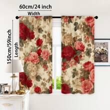 2pcs Glam Style Floral Printed Curtains, Semi-Sheer Polyester Flannel, Machine Washable, Rod Pocket Design, Unlined, Arts & Crafts Theme, With Red And Pink Rose Patterns For Living Room And Bedroom Decor