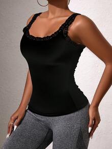 Blusa personalizada com estampa de renda branca (1 peça), regata casual versátil adequada para primavera, verão e outono, blusa exclusiva sem mangas com decote redondo em renda, design com decote em V e costas nuas, presente versátil para namorada.