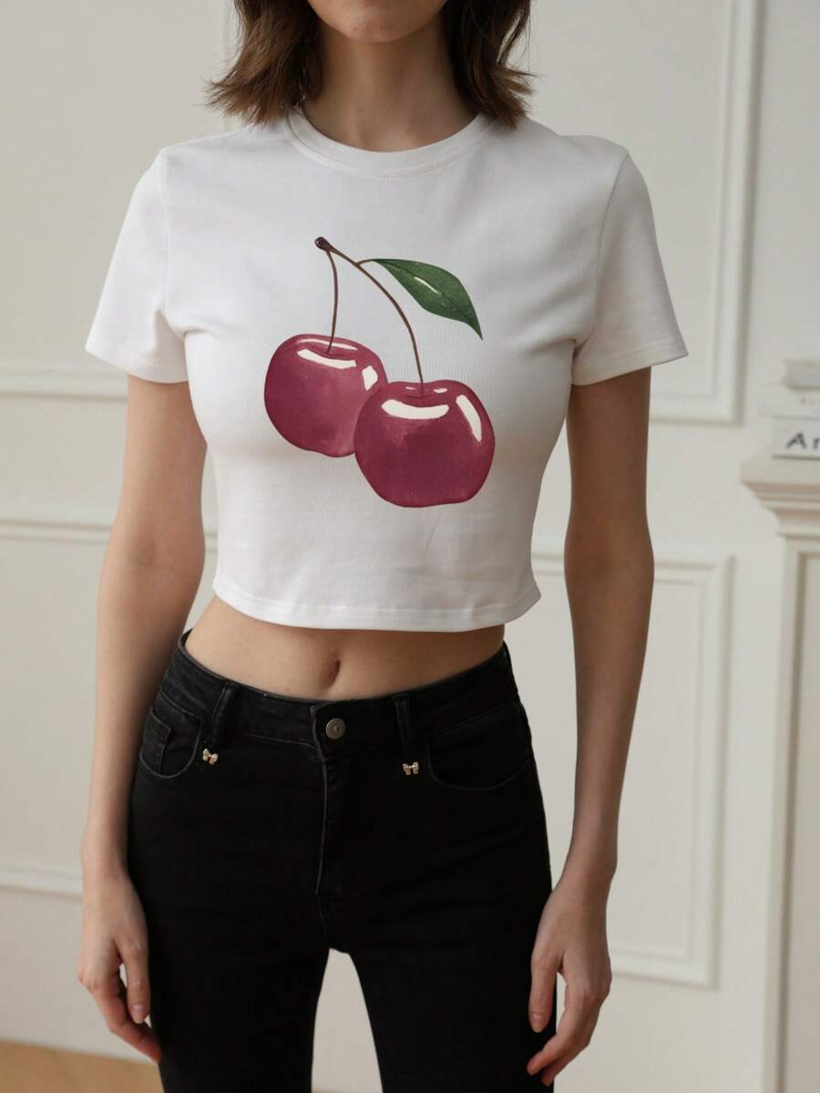 Women's Casual Chic Cherry Print Short Sleeve T-Shirt, Sporty Style For Summer - White - View 1