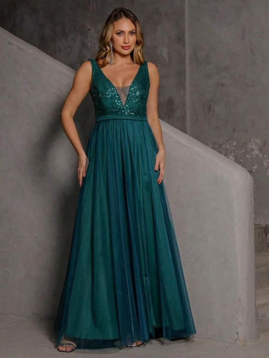 Long Party Dress For Bridesmaid, Wedding, Graduation, Elegant Plain Tulle With Sequined Bodice - 墨綠色 - 查看 1