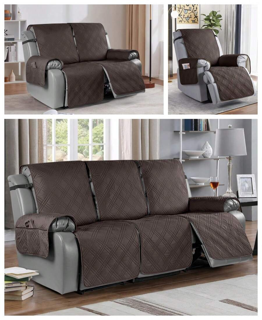 1/2/3 Seat Waterproof Recliner Sofa Cover, Non Slip Recliner Chair Covers, Washable Reclining Couch Cover Outdoor Cushion Covers Garden Furniture Protector With Elastic Straps Pocket For Pets, Cats, Dogs Chocolate Brown - 巧克力棕 - 查看 1