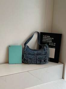 New Casual Chic Soft Jeans Shoulder Bag With Flap Pocket Design, Versatile Commuting Adjustable Shoulder Strap Crossbody Bag, Casual Student Bag, Suitable For Work Commuting, Shopping, Traveling And School.