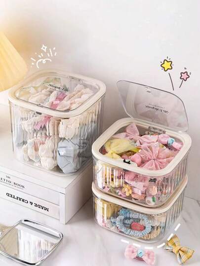 1/2pcs Transparent Plastic Hair Accessory Storage Box, Large Capacity Multi-Function Storage Box, Pop-Up Desktop Storage Box, Multi-Function Hair Accessory Storage Box, Suitable For Vanity, Bathroom, Bedroom