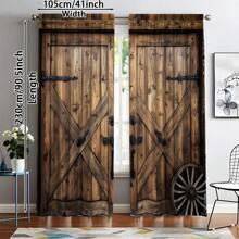 2pcs, Simulated Barn Wooden Door Pattern Window Curtain Rod Pocket, For Living Room, Kitchen, Bedroom, Hotel, Bathroom, Classroom, Dining Room, Home Decor, 3D Printed Cheap Window Shades, Curtains