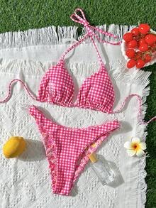 Bộ bikini nữ gợi cảm họa tiết hoa sọc, kiểu tam giác cổ chữ V sâu, thích hợp cho kỳ nghỉ hè ở bãi biển. - Hồng đậm - Xem 7