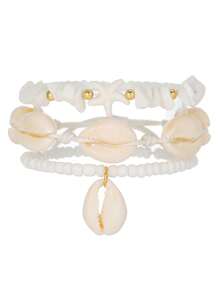 3pcs/Set Ocean Style Glass Beads, Crushed Stone, Resin Starfish & Shell Beaded Anklet, Suitable For Women Everyday & Beach Wear