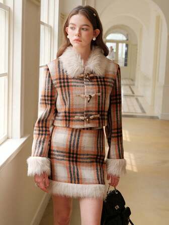 Women's Patchwork Faux Fur Collar Long Sleeve Vintage Plaid Overcoat, Autumn/Winter